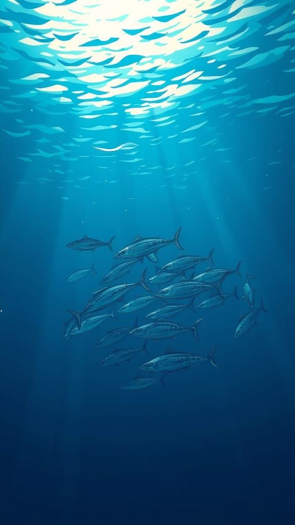 Gentle Tuna School in a Deep Ocean Anime Scene