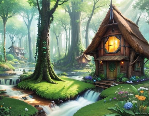 Fantasy Fairy Village with Bioluminescent Synthwave Style