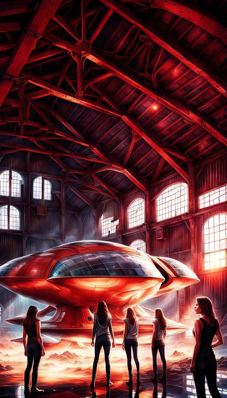 Futuristic Spaceship and Women in Dilapidated Barn