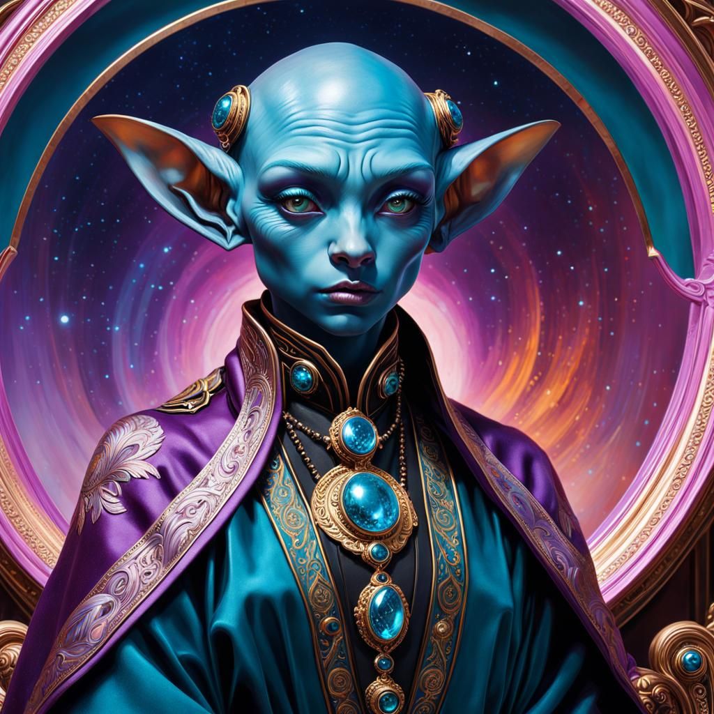 Blue-Skinned Goblin Warlock Portrait in Art Nouveau Style