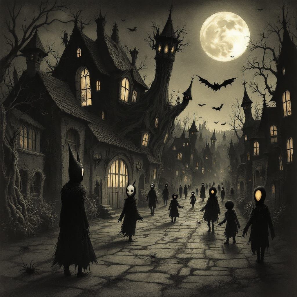 Dark Fantasy Street Scene in Burtonesque Style