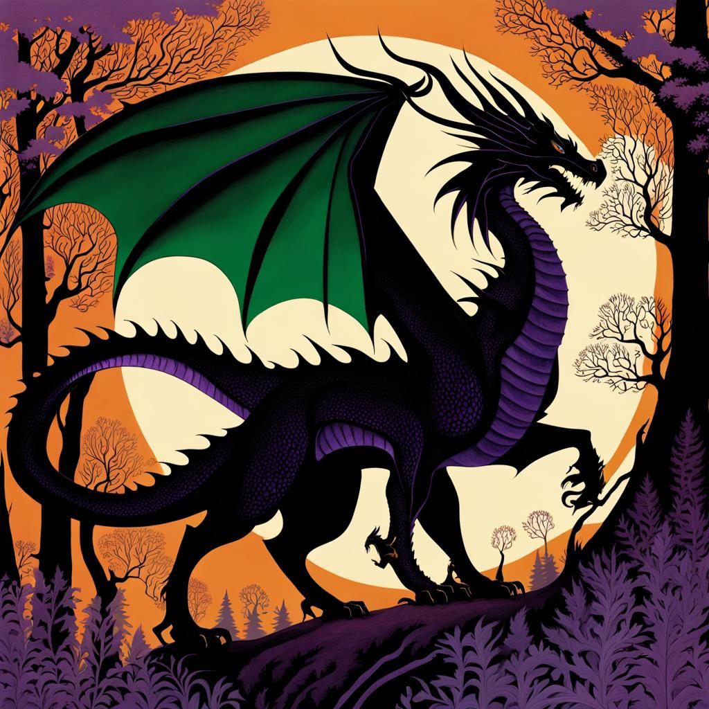 Dragon Knight Battle in Enchanted Forest, Fantasy Illustrati...