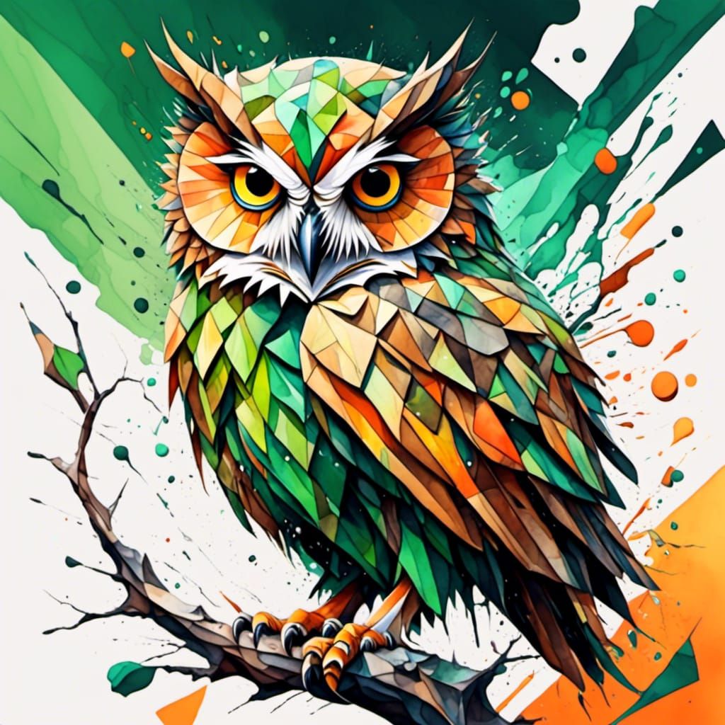 Cubist Owl in Watercolour and Acrylic Style