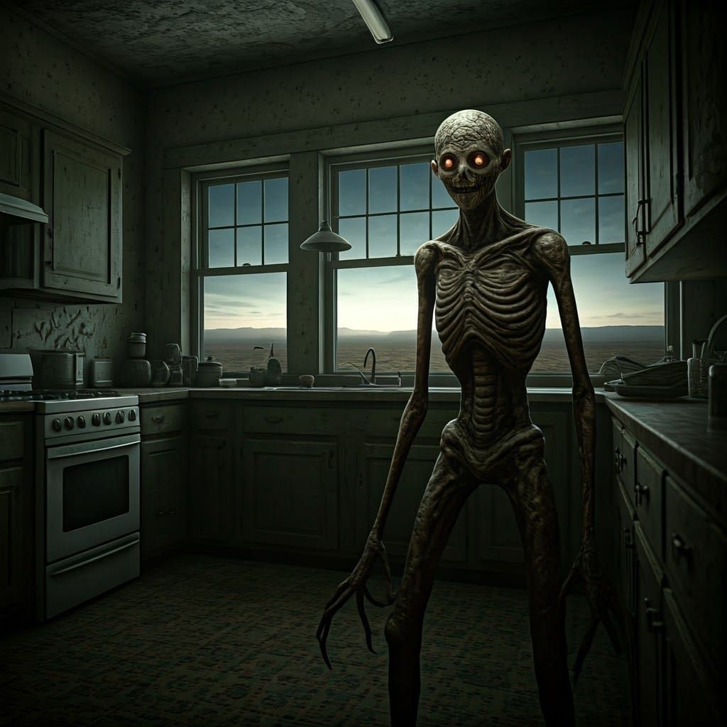 Cyberpunk Demon Lurks in Dimly Lit Desert Home