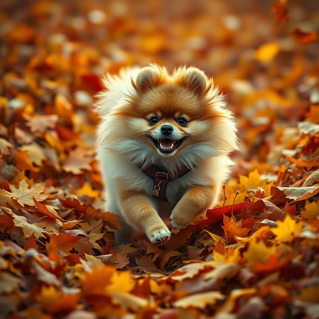 Vibrant Pomeranian Runs Through Golden Leaves