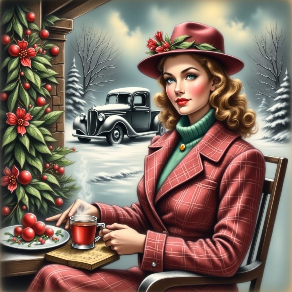 Vintage 40s Holiday Card of Woman with Cocoa