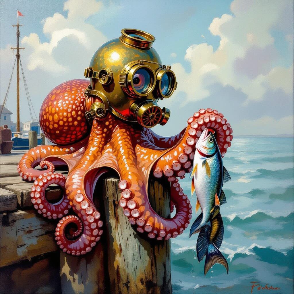 Octopus Heist at the Pier: An Oil Painting