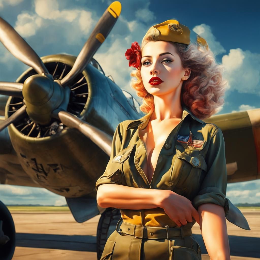 pin up model on side of world war 2 plane on airfield, Hyper...