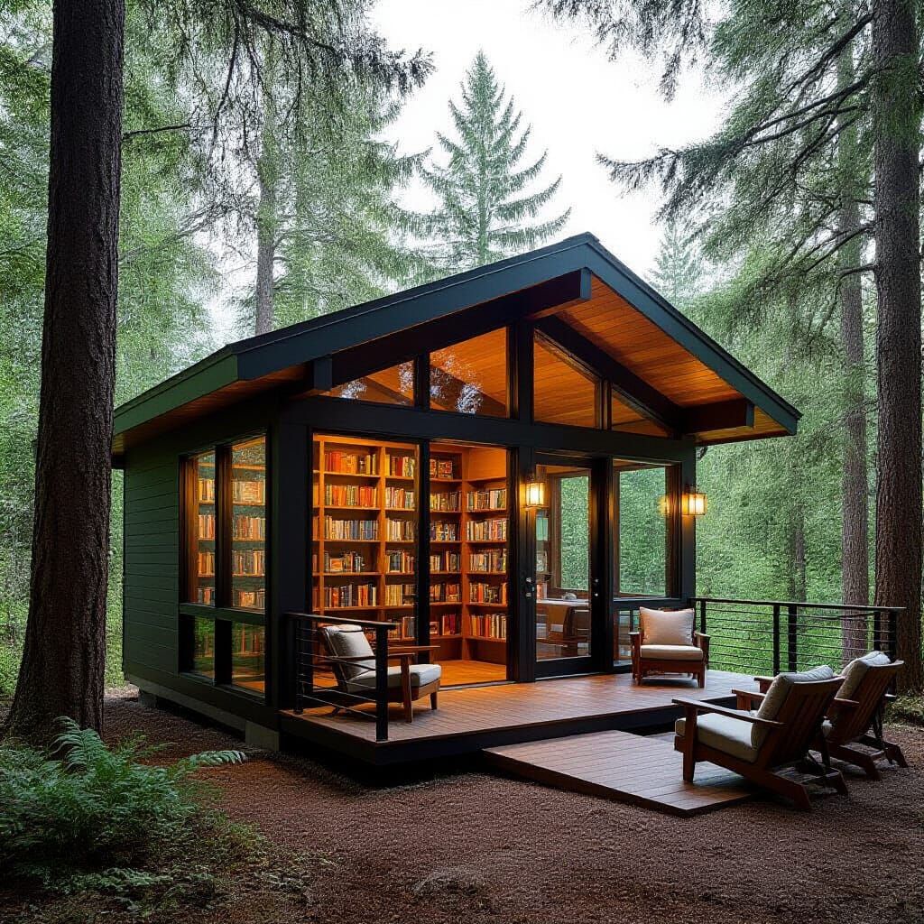 Cozy Forest Library Shed with Glass Walls