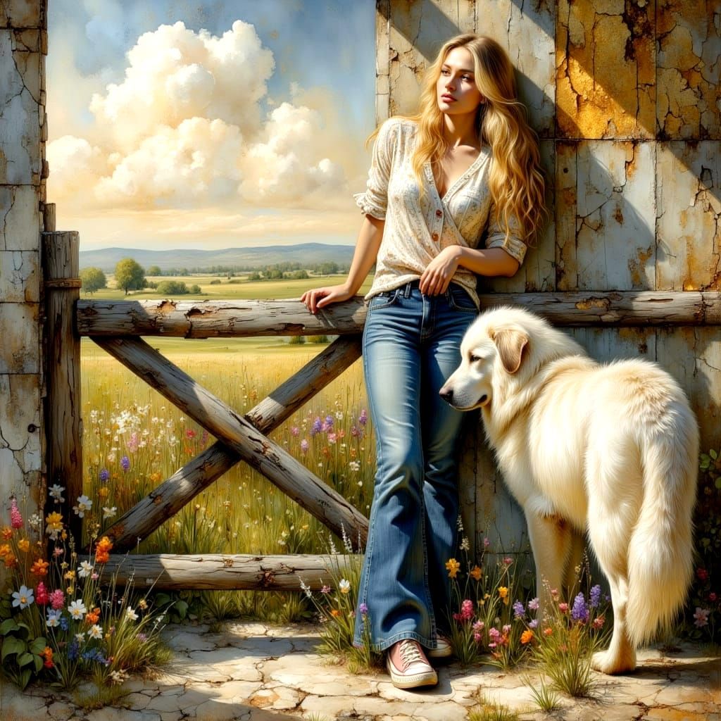 Sassy Woman with Dog in Minnesota Farm, Oil Painting