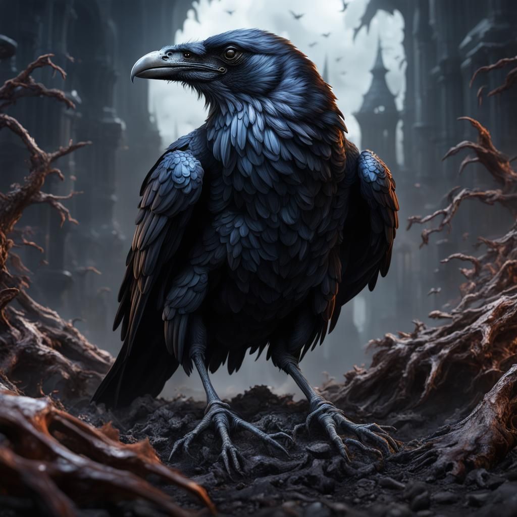 Royal Raven on Cadaver Hand: Detailed Matte Painting