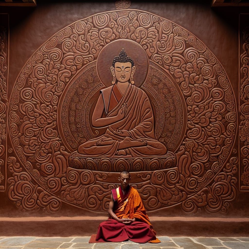 Tibetan Monk in Serene Meditation, Earthy Brown Wall