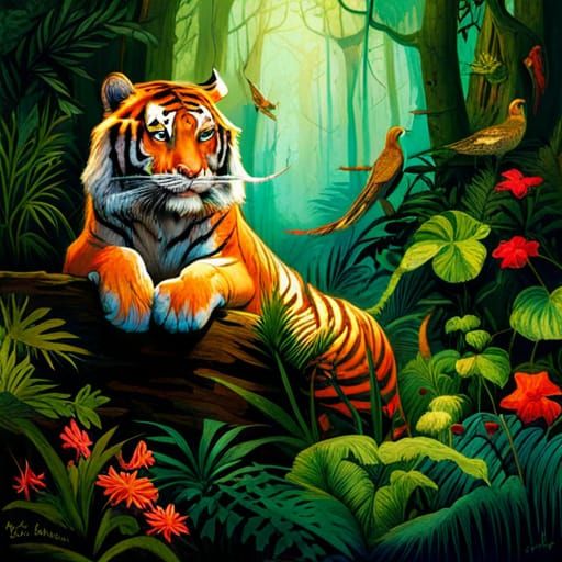Tiger in Jungle: Detailed Surreal Illustration