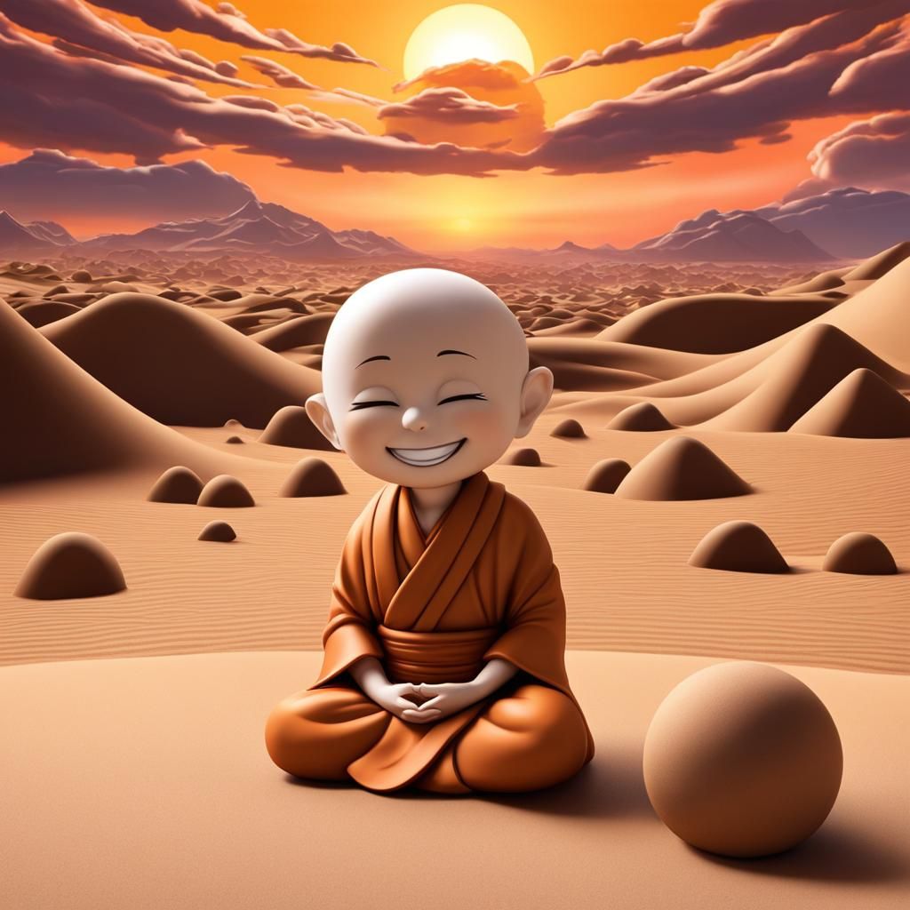 Whimsical Meditating Monk in a Desert Sunset