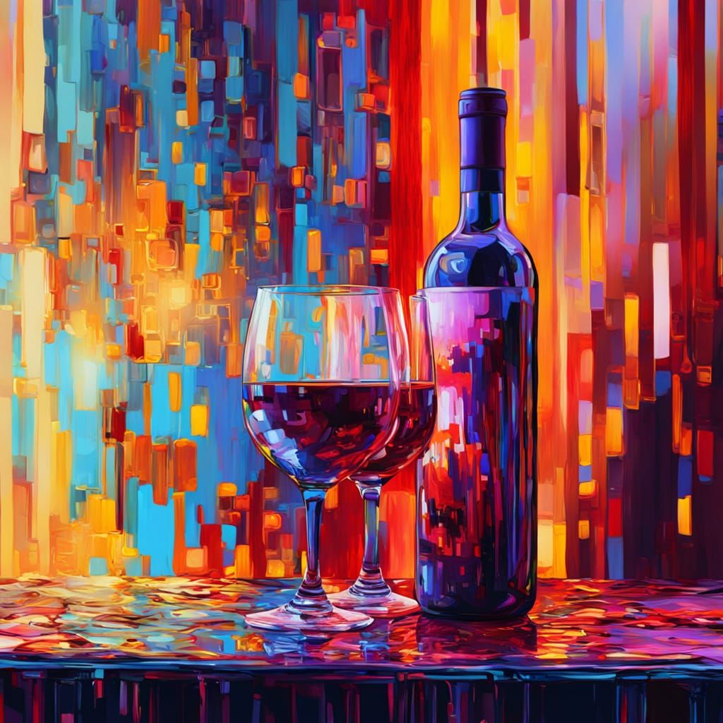 Realistic Wine Still Life with Glitchcore Abstract Elements