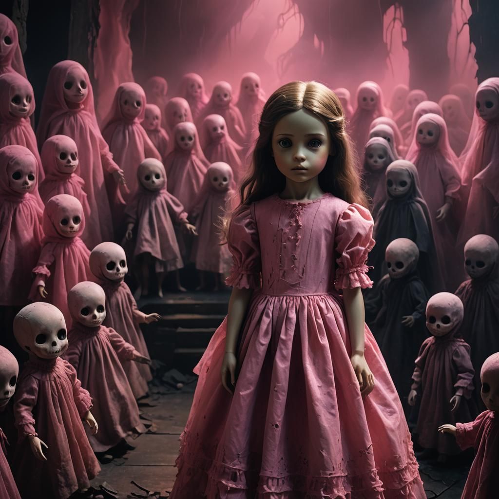 Eerie Doll Surrounded by Ghosts in Dark Fantasy Style