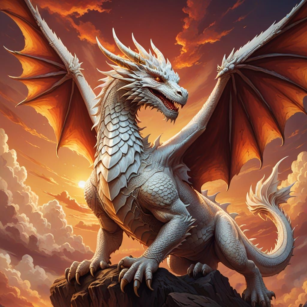Majestic White Dragon Soaring in Sunset: Oil Painting