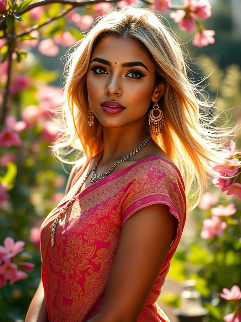 Indian Goddess in Vibrant Spring Garden