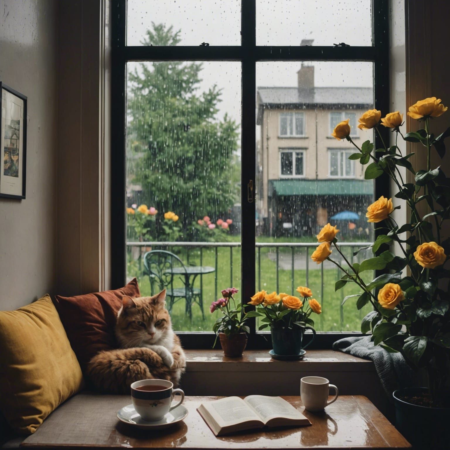 Rainy Window View with Sleeping Cat