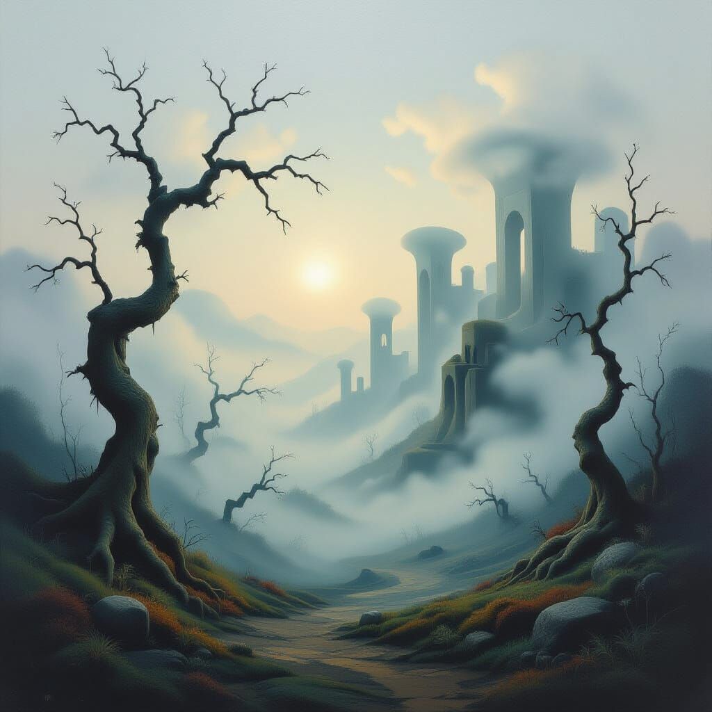 Surreal Fog Sculptures and Dreamlike Architecture in Oil Pai...