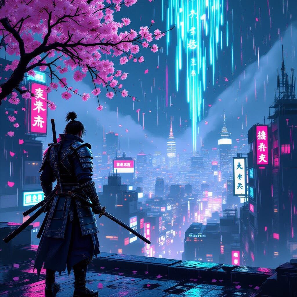 Cyberpunk Samurai Gazes at Neon Cherry Blossoms