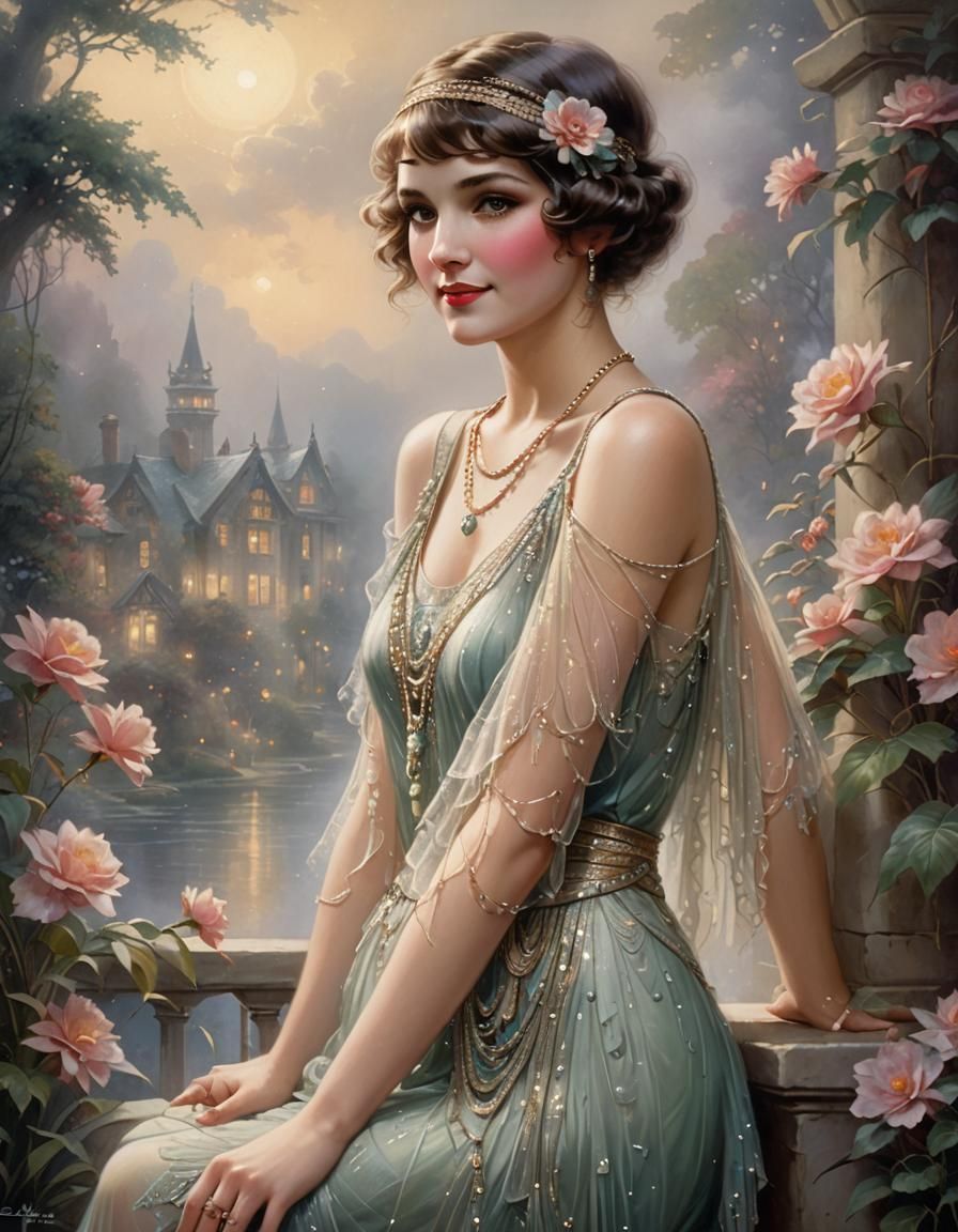 A beautiful young flapper, shy smile full of love, half body...