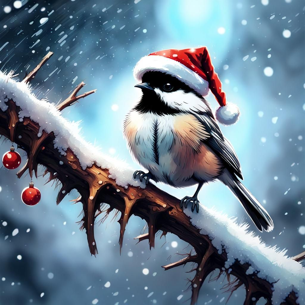 Chibi Chickadee in Santa Hat on Snowy Branch