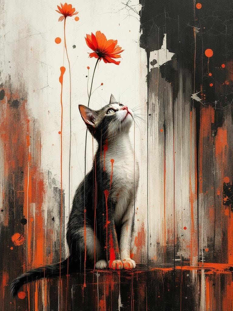 Abstract Cat Painting with Double Exposure Effect