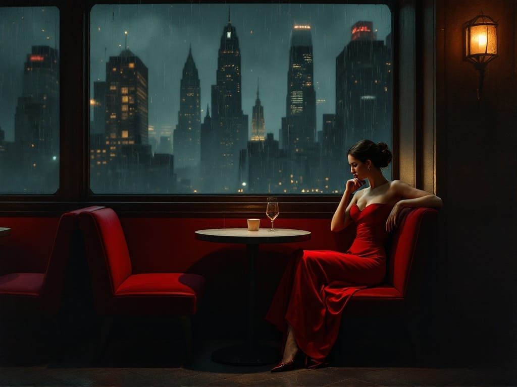 Woman in Crimson Dress, Urban Café at Dusk