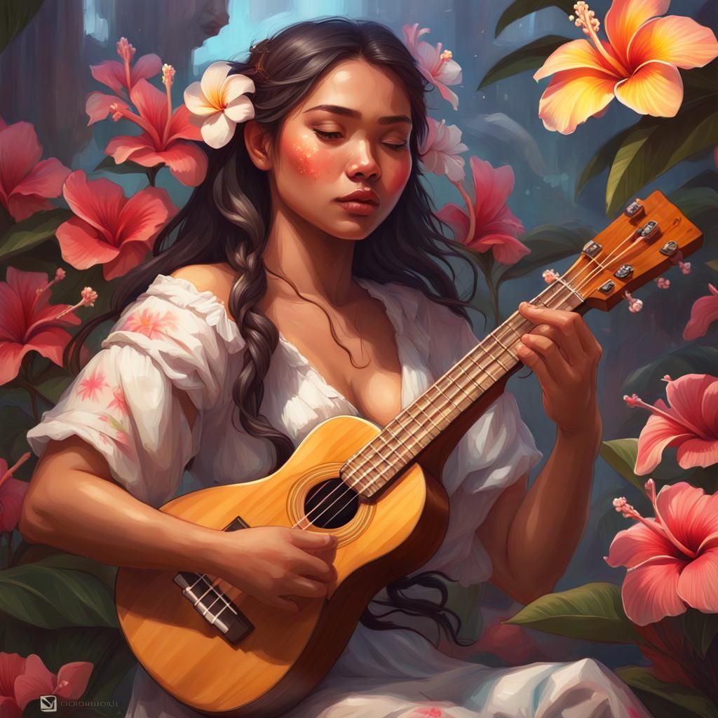 Filipino Girl with Ukulele, Hyperdetailed Floral Portrait