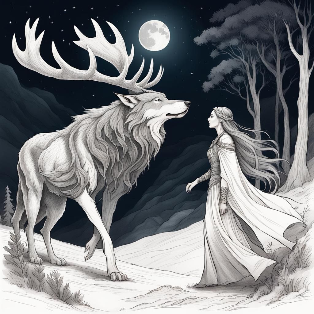 Antlered Woman and Wolf in Fantasy Pencil Sketch