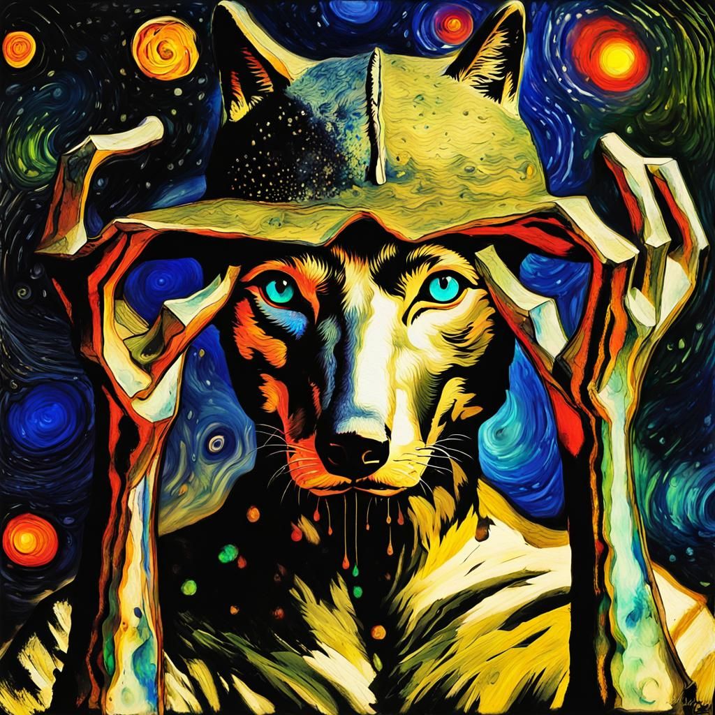 Colorful Wolf in Van Gogh Style with Rayograph Elements