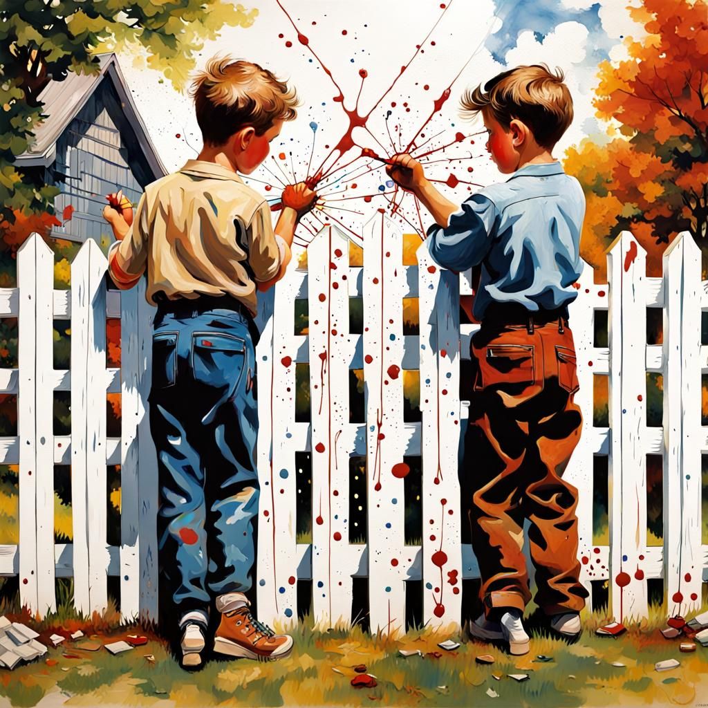 Boys Painting Fence with Ink, Americana Oil Painting