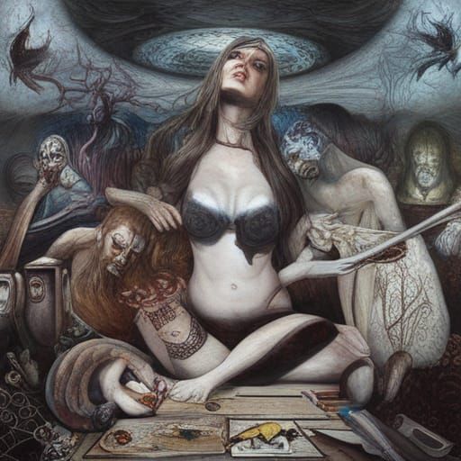 Occult Tribal Nun in Action, Surrealist Painting