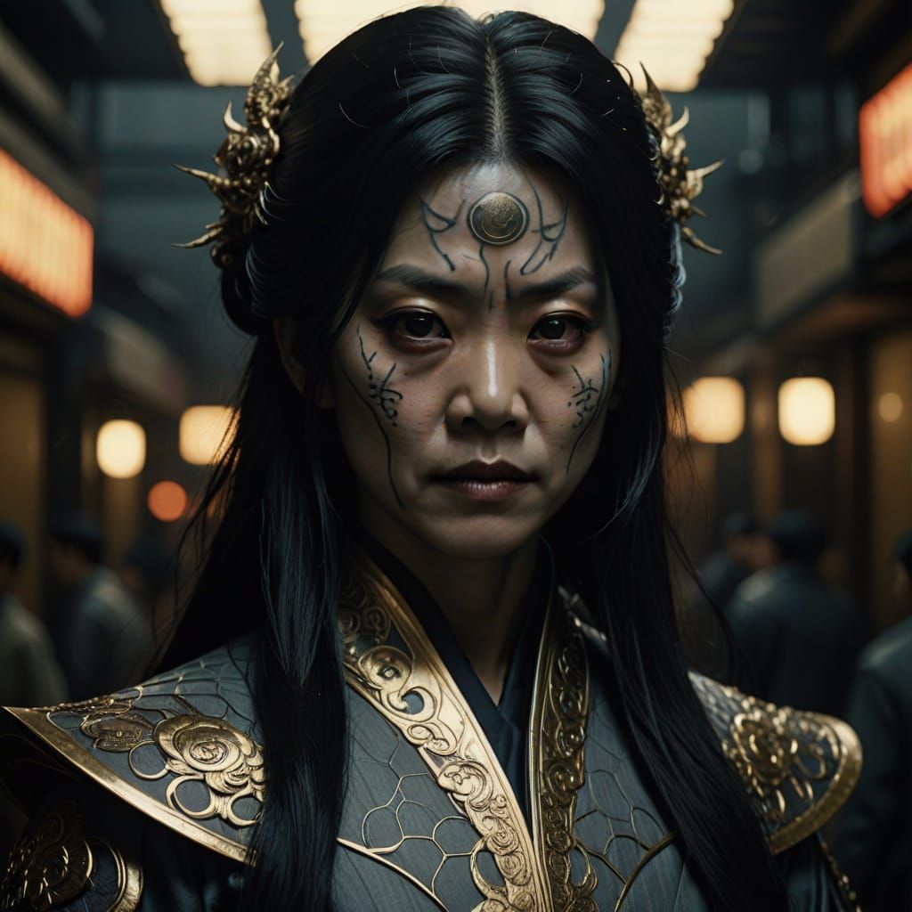 Hyperrealistic Portrait of Chinese Futakuchi-Onna in Grey Co...