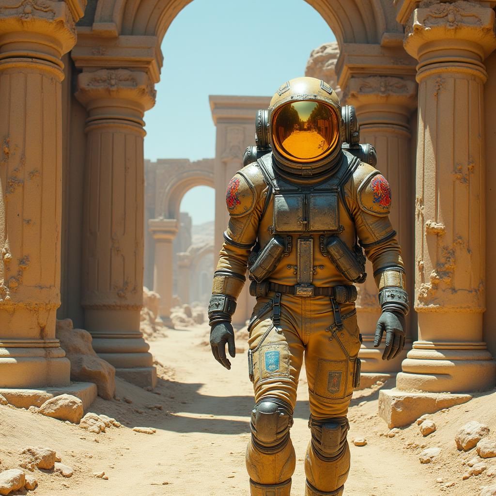 An astronaut exploring ancient ruins
