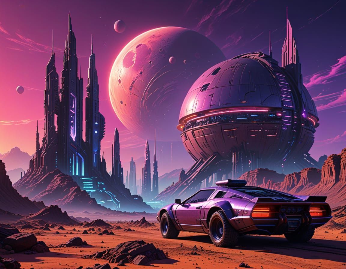 Neon-Lit Martian Metropolis at Dusk