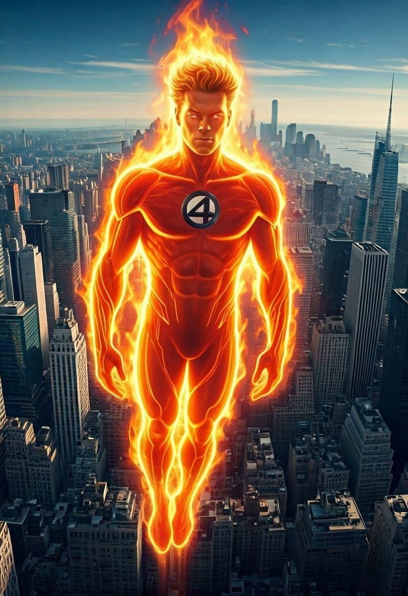 Human Torch Soaring Over New York City