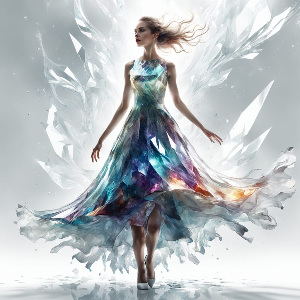 Woman in Intricate Glass Dress with Fractal Patterns