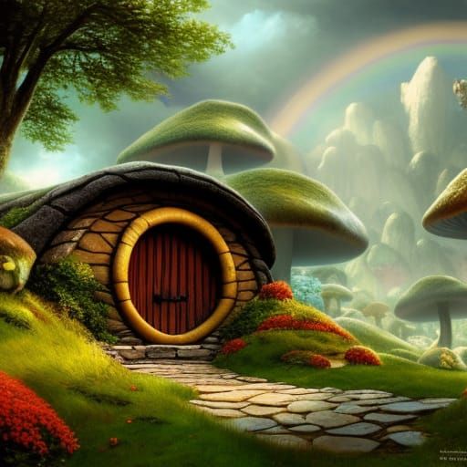 Fantasy Village with Mushroom Hobbit Houses