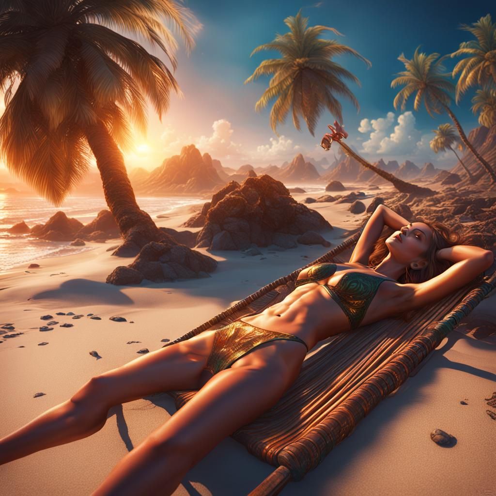 Bikini Model on Beach: Detailed Fantasy Concept Art