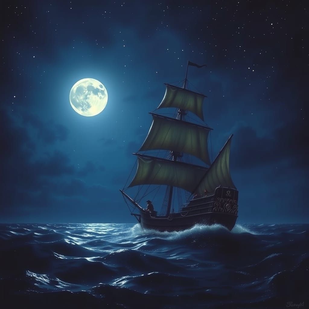 Majestic Pirate Ship Sails Under Full Moon Night Sky