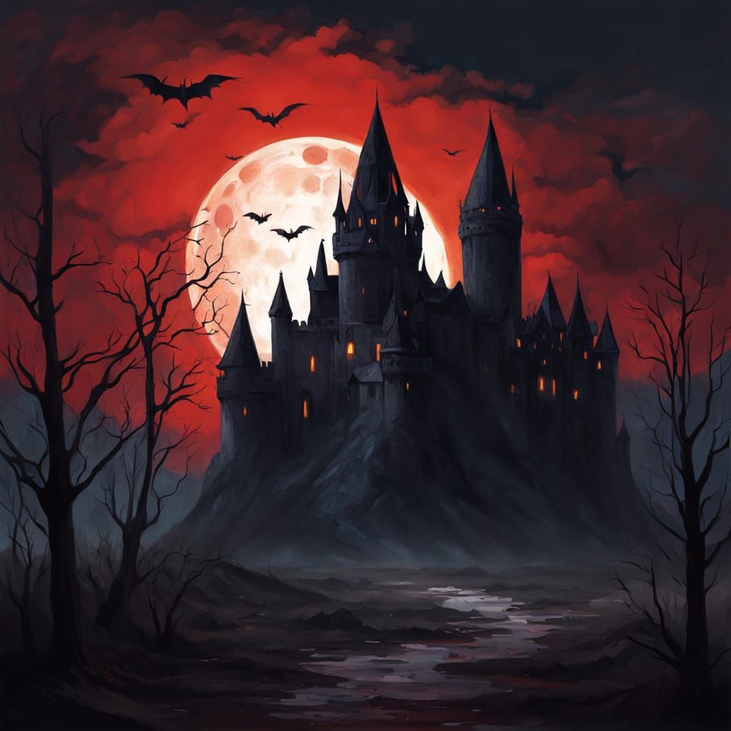 Eerie Gothic Castle Under Blood Moon in Dark Fantasy Style