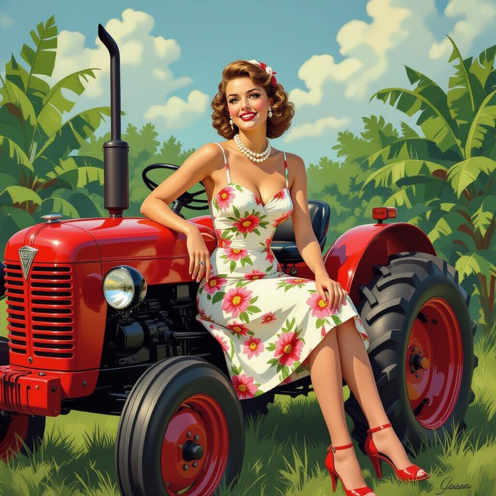 Pinup Girl on Tractor in Classic Style