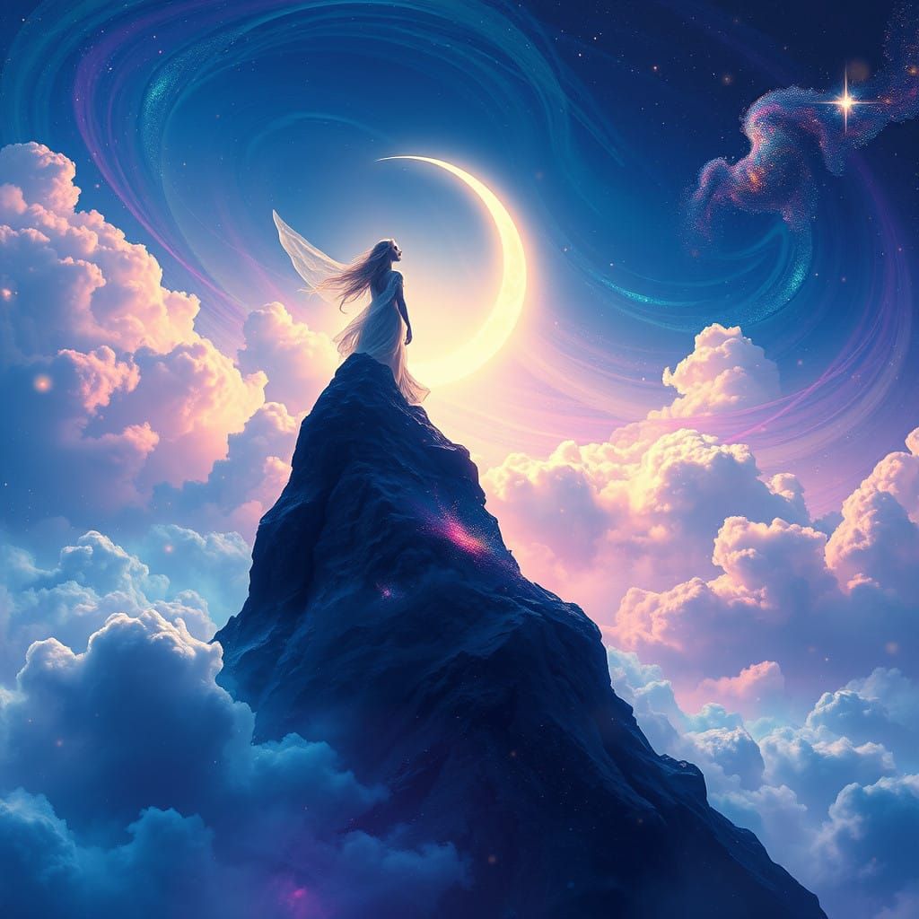 Ethereal Moon Goddess Ascends Dreamlike Mountainscape