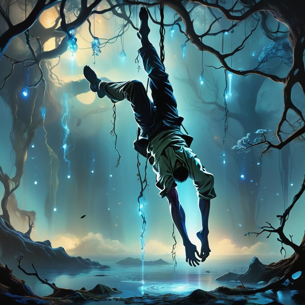 Mystical Hanged Man in Dreamlike Surreal Illustration