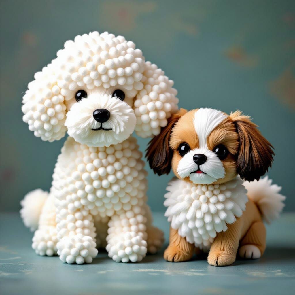 Textured mixed media 3d cute poodle and Pekingese made of wh...