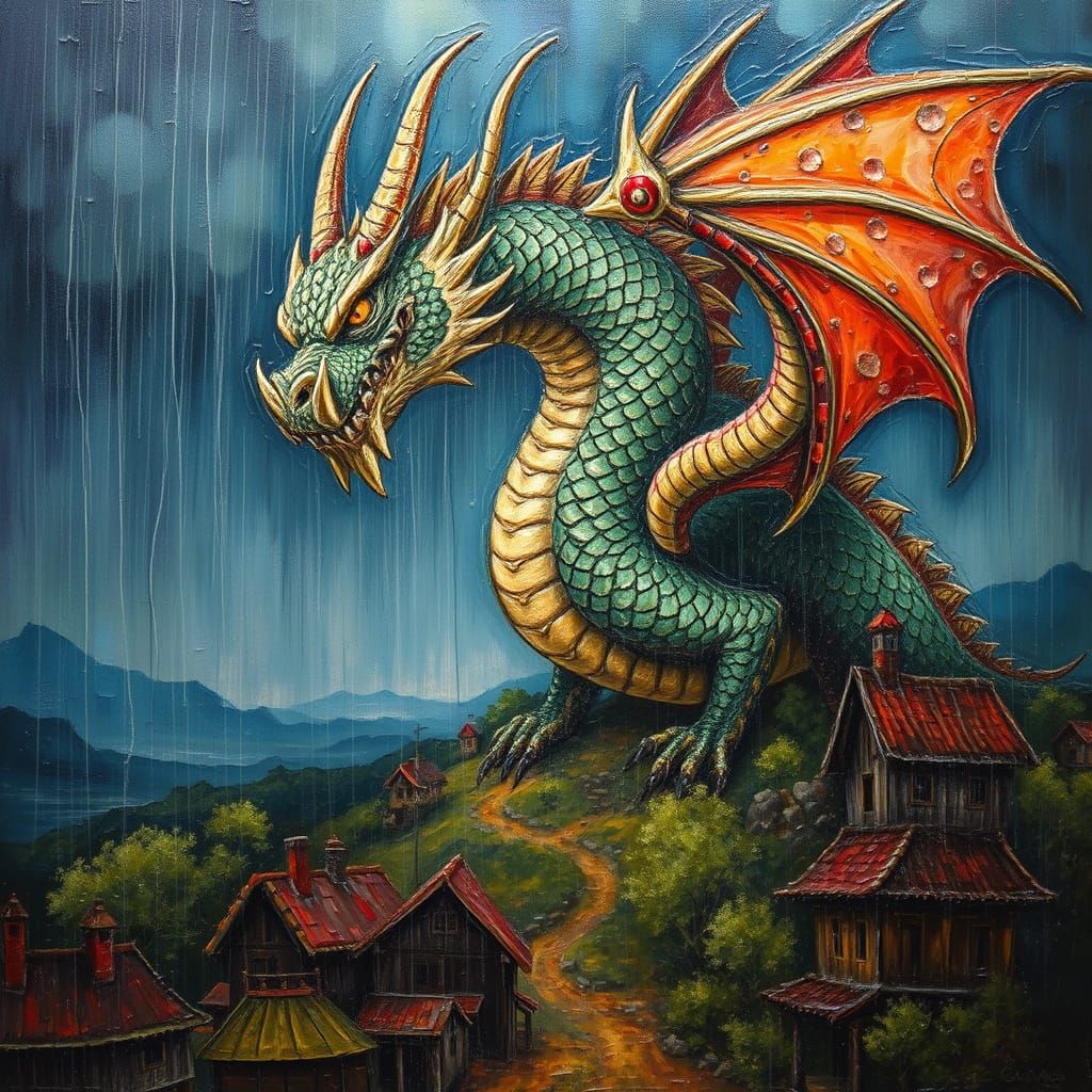 Dragon Protecting Village from Storm as Impasto Painting