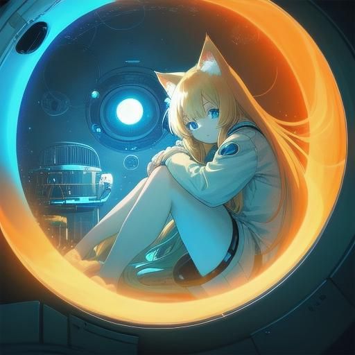 Anime Woman with Kitty Ears in Spaceship