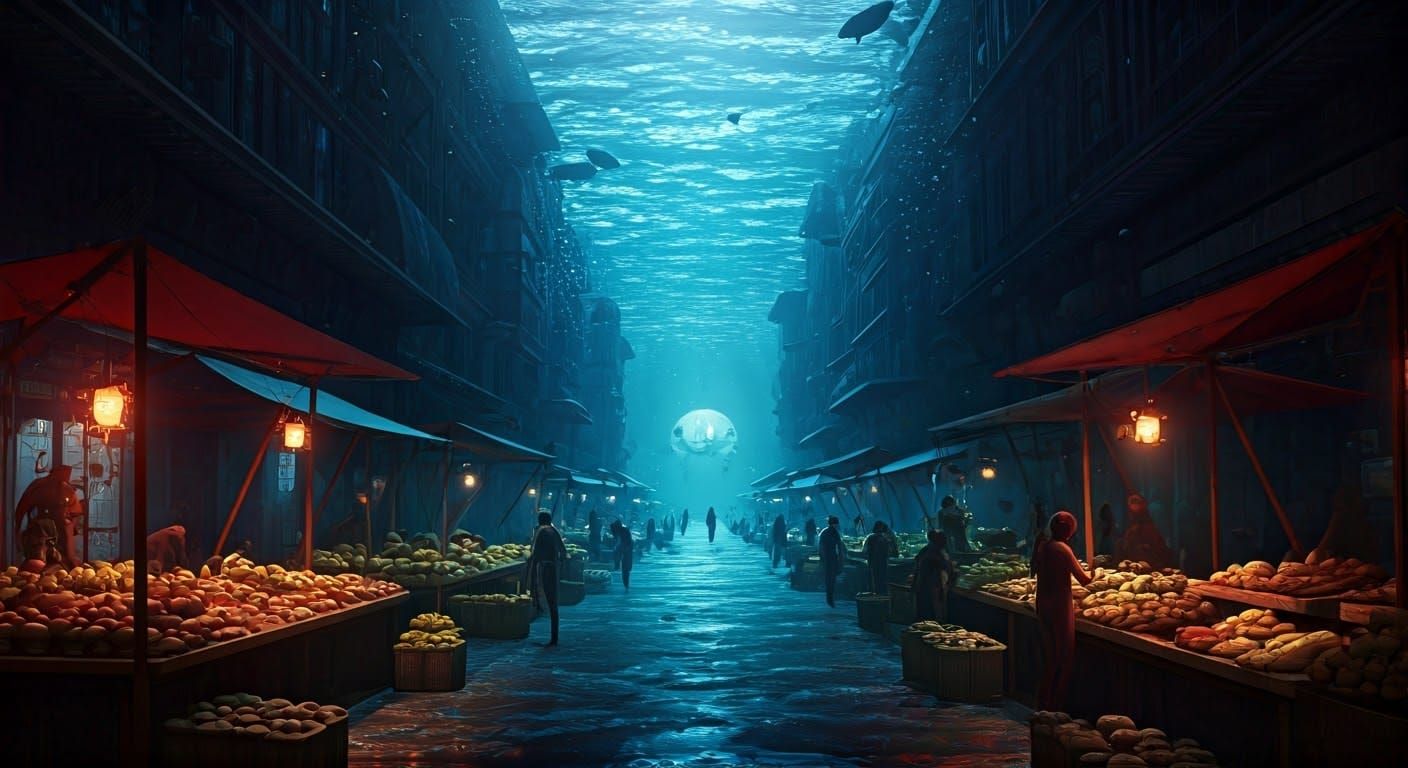 Vibrant Deep-Sea Marketplace Concept Art